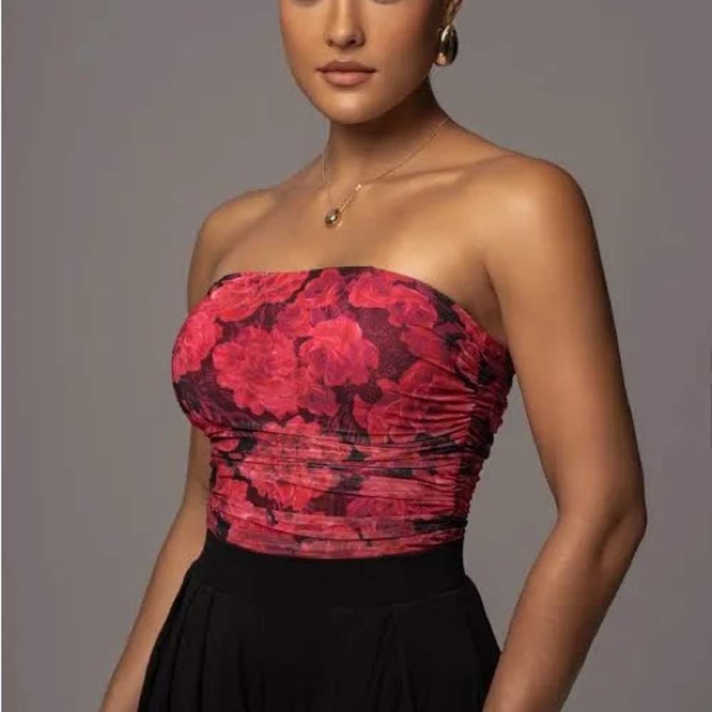 JLUXLABEL PINK FLORAL THE RIVIERA MESH CORSET Red Floral Strapless Top